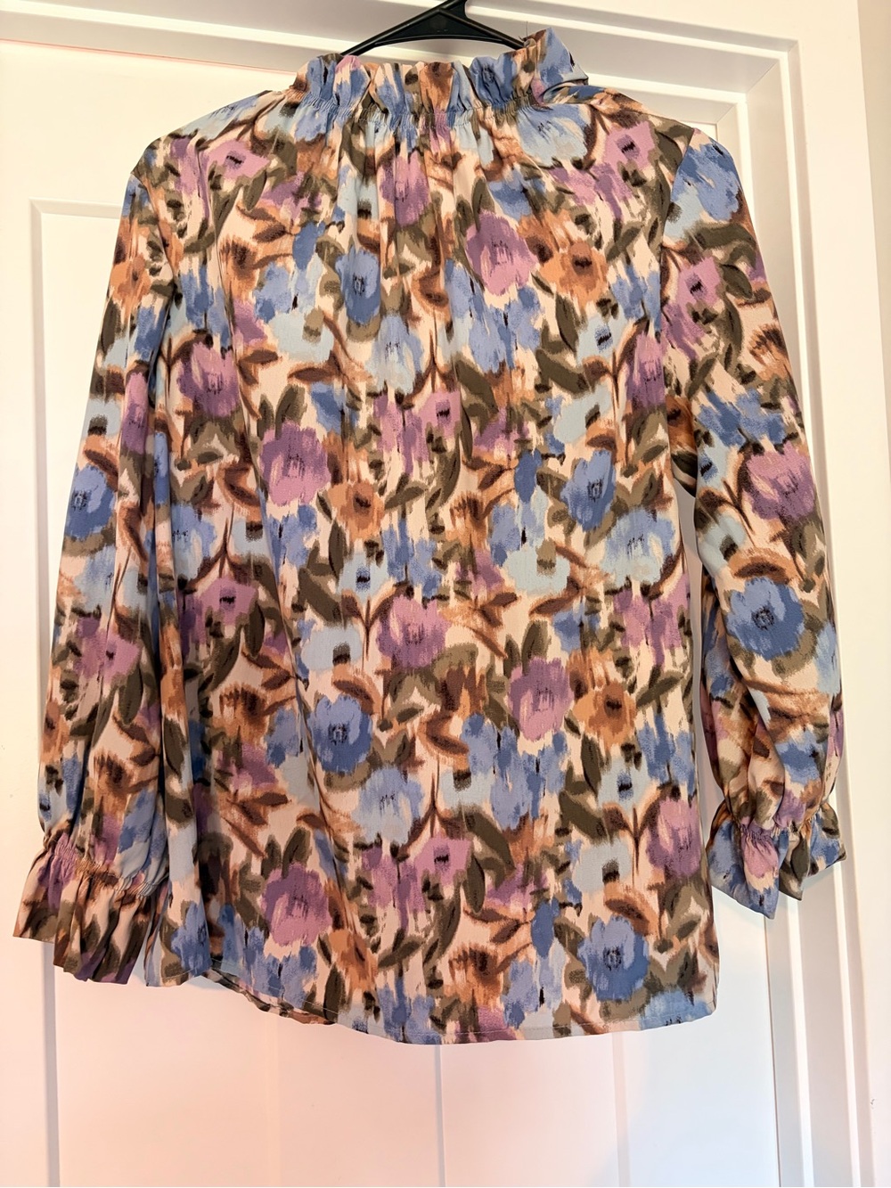 Floral Mock-Neck Blouse in Blue, Purple & Brown
